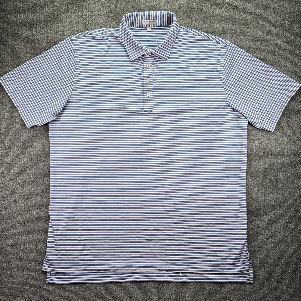 Peter Millar Summer Comfort Polo Shirt Mens XXL Blue White Striped Golf Stretch